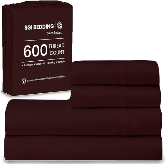 SGI bedding 100% Egyptian Cotton Sheets Full Size – 600 Thread Count Sheets Set, Soft, Cooling, 15" Deep Pocket, Luxury Hotel Bedding, Breathable, Durable - Chocolate