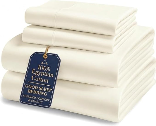 Good Sleep Bedding Egyptian Cotton Sheets Twin Size, 4 Pc Luxury Sheets Set, Long Staple 100% Cotton Sheet for Twin Size Bed, 16" Deep Pocket Hotel Style, Sateen Sheets Twin, Ivory