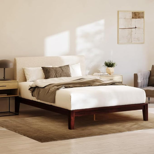 Nectar Bamboo Platform Bed Frame & Upholstered Headboard - Full - Walnut/Linen - Floating Center Support Legs - 12” Height - Easy Tool Free Set Up - Sturdy Wooden Slats - Holds Up To 500 lbs