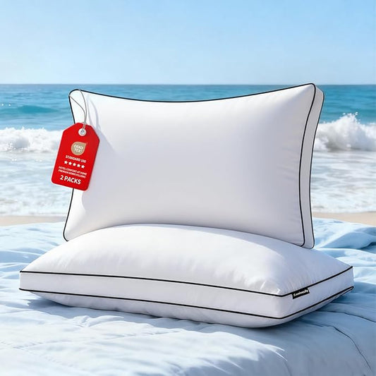 Feather Dow Pillows King Size Set of 2 Pack, Luxury Hotel Quality Bed Pillow, Soft Medium Firm Feathers Pillow For Sleeping, Down Surrounded Gusseted Pillows for Side Back Stomach Sleepers 20x36 In