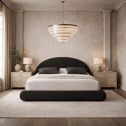 Round Bed – Washable Zip Cover - Upholstered Linen Soft Foam - Modular Minimalist Modern - Half Circle Moon - Sold Sold Separately (Black Linen, King Headboard)