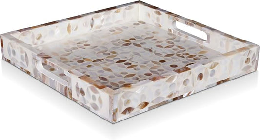 Handicrafts Home Handmade Discovery Pattern Inspired Decorative Tray - 12x12 Ottoman Tray, Multipurpose Mother of Pearl & Resin Inlay Centerpiece Tray for Living Room Dining Entertaining and Display