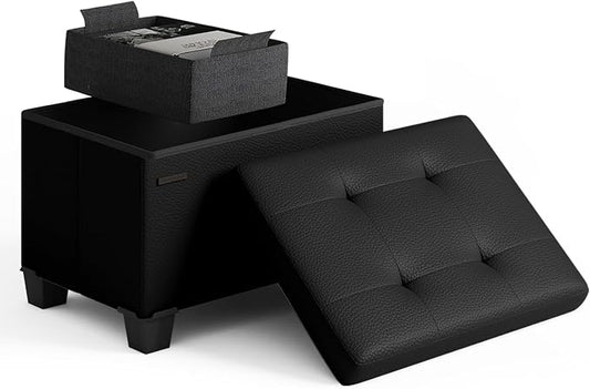 Storage Ottoman Cube with Small Bin, 16-in Square Ottoman with Storage for Living Room and Bedroom, Small Ottomans Foot Rest, Leather Foot Stools Ottomans Max 330lbs, Black