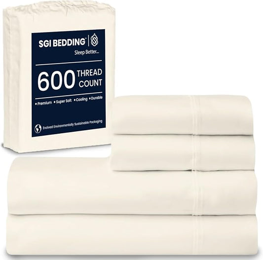 SGI bedding 100% Egyptian Cotton Sheets Queen Size – 600 Thread Count Sheets Set, Soft, Cooling, 15" Deep Pocket, Luxury Hotel Bedding, Breathable, Durable - Butter