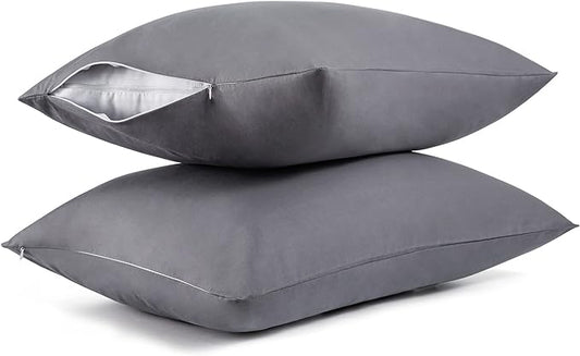 Cotton Pillow Protectors/Cases Queen Size with Zipper 2 Pack Grey Color,Cooling & Breathable Bed Pillow Protectors Set of 2 Pillow Cases Cover (Queen Size 20" x 30")