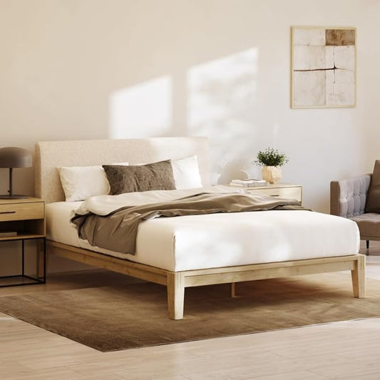 Nectar Bamboo Platform Bed Frame & Upholstered Headboard - Twin - Natural/Linen - Floating Center Support Legs - 12” Height - Easy Tool Free Set Up - Sturdy Wooden Slats - Holds Up To 500 lbs