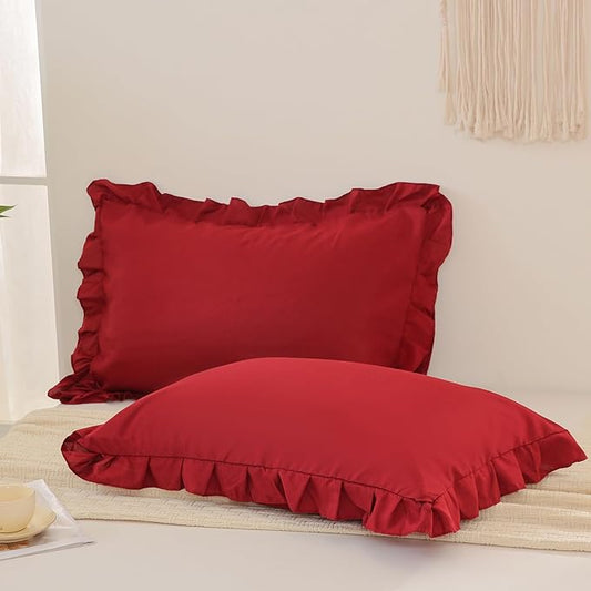 Burgundy Pillow Shams Cute Ruffle Queen Pillowcases Solid Pillow Cover Set of 2 Shabby Chic Soft Red Pillowcases 2 Pack (Queen (20''x30''), Burgundy)