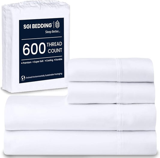 SGI bedding 100% Egyptian Cotton Sheets King Size – 600 Thread Count Sheets Set, Soft, Cooling, 15" Deep Pocket, Luxury Hotel Bedding, Breathable, Durable - White