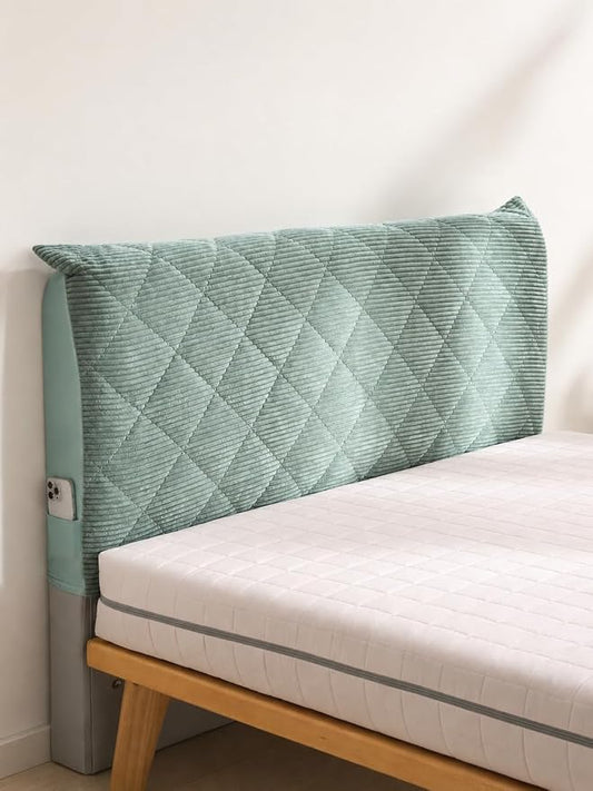 Corduroy Headboard Cover—Stretch-Quilted, Padded Dust-Proof Protective Cover (Fits Queen/King Beds), Machine-Washable Decorative Headboard Cover (Green, 71x27.5 inches)