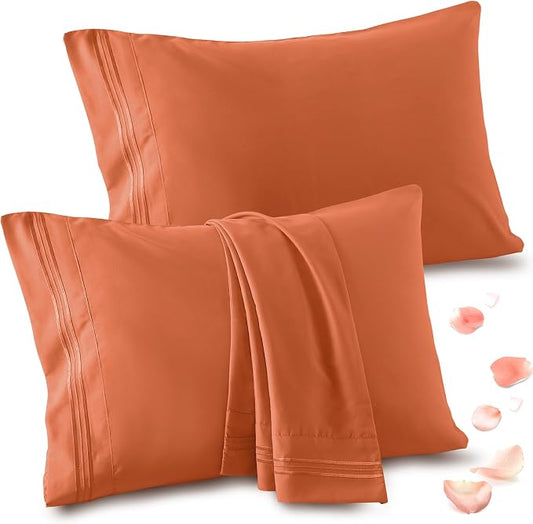 Vonty 2 Pack Queen Pillow Cases - 20x30 Inch, 1800 Thread Count Microfiber Pillowcases Queen Size Pimpkin Orange Pillow Cases Luxury & Soft Embroidered Bed Pillow Covers with Envelope Closure