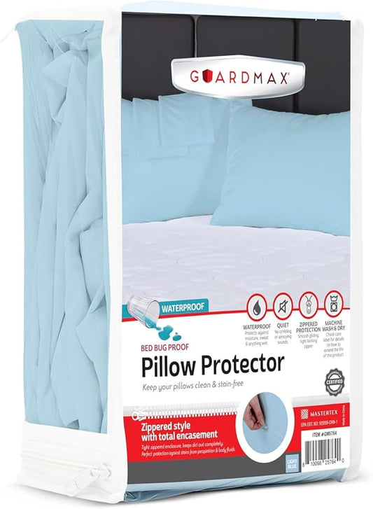 Guardmax Waterproof Pillow Protector Light Blue Standard Size - Zippered Bed Bug Pillow Protector 12 Pack - Hypoallergenic Pillow Case Cover Protects from Bedbug, Dust Mite, and Liquid Spills-(20X26)