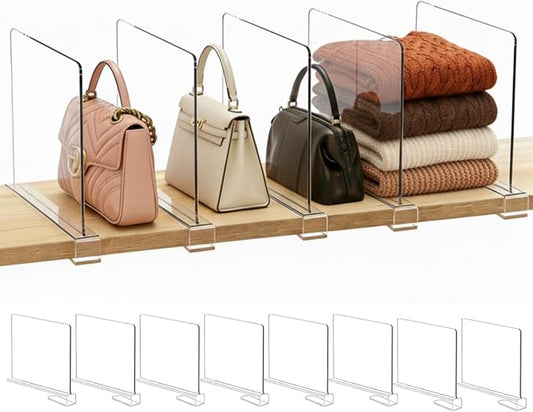 SortNStore Shelf Dividers Purse Organizer for Closet: 8-Pack Acrylic Bag Storage Organizer for Handbags, Clutches, Clothes, Sweater, Towel on Wood Shelves