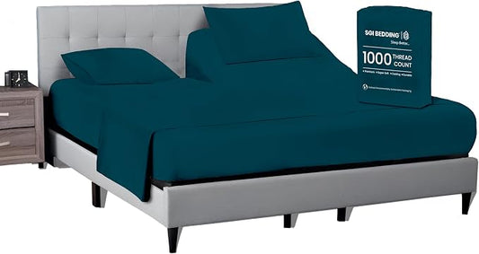 SGI bedding 32" King Split Top Flex Head Sheet 100% Egyptian Cotton Sheet Set 1000 Thread Count Flex Top Sheet for Adjustable Bed 4Pc Sheet Set 15" Deep Pocket for Sleep Number Bed - Teal