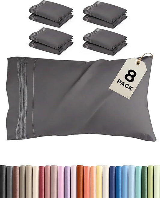 King Pillow Cases Set of 8 - Ultra Soft Hotel Quality Pillowcase Covers - Comfy. Cozy & Wrinkle Free - Shrink, Stain and Fade Resistant - Machine Washable Pillow Protectors - 8 Piece Set - Dark Grey