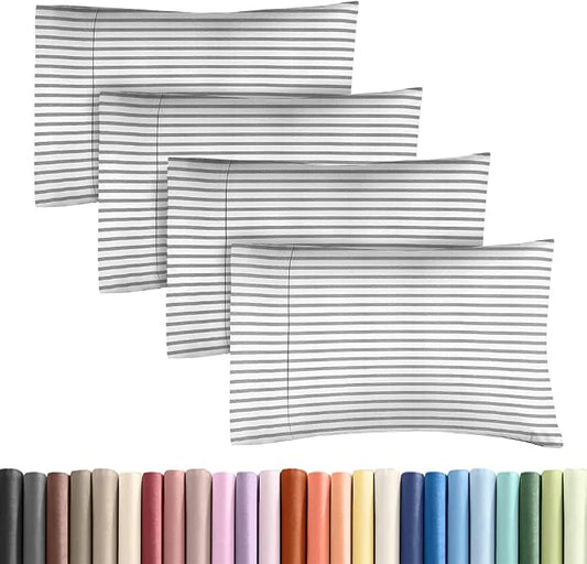 Standard Pillow Cases Set of 4 - Soft Hotel Quality Pillowcase Covers - Comfy, Cozy Bedding for Women, Men, Kids & Teens - Machine Washable Pillow Protectors - 4 Piece - Standard Size Grey Stripes