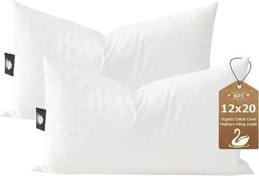 BPC 12x20 Down Feather Lumbar Pillow Inserts Set of 2, 100% Organic Cotton Cover, Soft Decorative Throw Pillows for Sofa, Couch and Bed, White