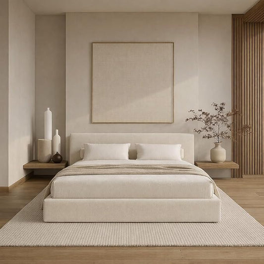 Square Bed – Washable Zip Cover - Upholstered Linen Soft Foam - Modular Minimalist Modern - Sold Separately (Cream Linen, Twin Base)