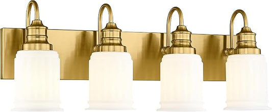 Bathroom Light Fixtures 4-Lights, HWH Brushed Gold Vanity Light Modern Bathroom Vanity Lights Over Mirror, 26'' Antique Brass Vanity Light with Frosted White Bell-Shaped Fluted Glass, 5HZG106B-4W BG
