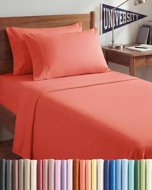 Twin XL 4 Piece Sheet Set - Comfy, Breathable & Cooling - Hotel Luxury Bedding for Women, Men, Kids, Teens and Children - 1 Flat & 1 Fitted Sheet & 2 Pillowcases w/ Deep Pockets - Wrinkle Free - Coral