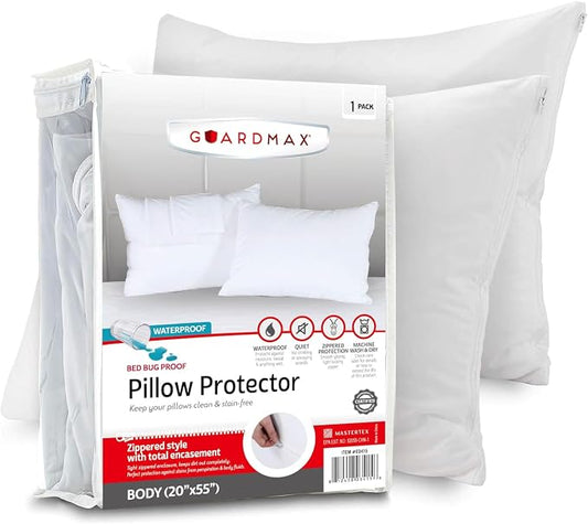 Guardmax Jersey Knitted Pillow Protector with Zipper Body Size - 100% Waterproof, Bed Bug Proof, Dust Mite Proof, & Hypoallergenic Pillow Covers - Premium Zippered Pillow Cases. (20 X 55) (Pack of 2)
