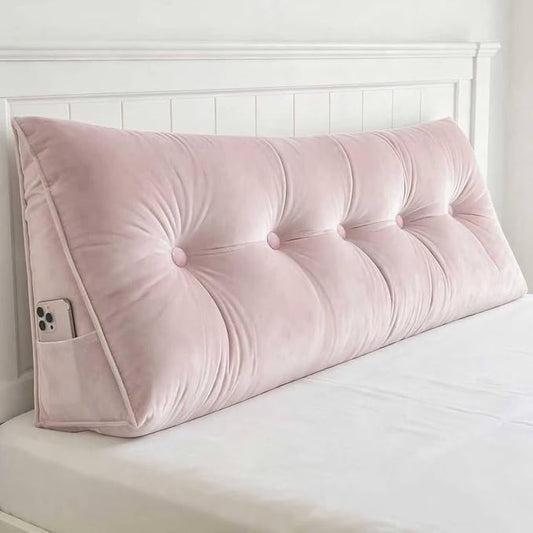 Headboard Pillow Queen, Triangle Wedge Pillow for Headboard, Ergonomic Backrest Cushion for Reading Sitting Working Removable Crystal Velvet Cover for Bed Dorm Sofa (Light Pink, Queen)