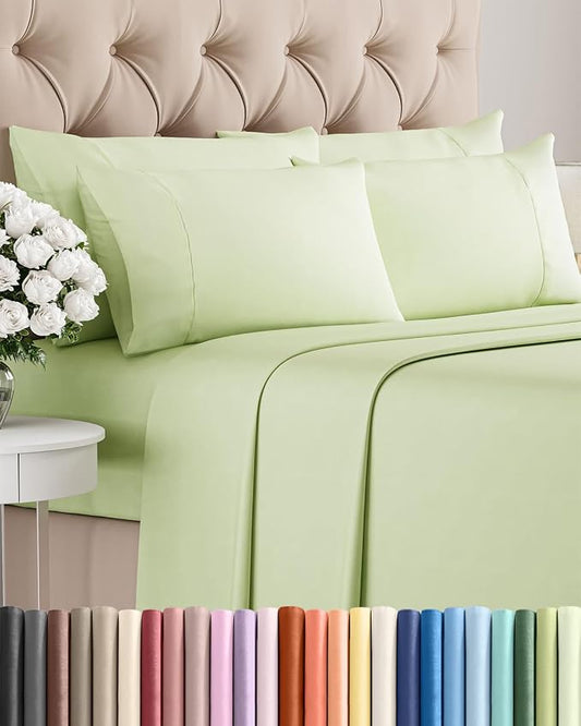 Full 6 Piece Sheet Set - Comfy, Breathable & Cooling - Hotel Luxury Bedding for Women, Men, Kids, Teens & Children - 1 Flat & 1 Fitted Sheet & 4 Pillowcases w/ Deep Pockets - Wrinkle Free - Light Sage