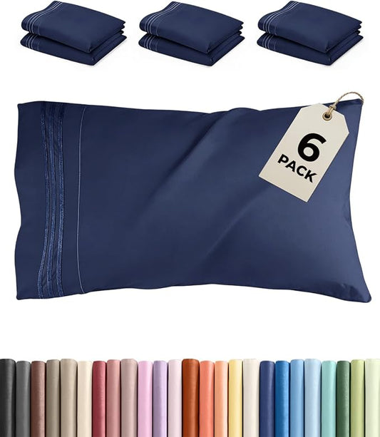 Queen Pillow Cases Set of 6 - Ultra Soft Hotel Quality Pillowcase Covers - Comfy, Cozy & Wrinkle Free - Shrink, Stain and Fade Resistant - Machine Washable Pillow Protectors - 6 Piece Set - Navy Blue