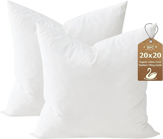BPC 20x20 Down Feather Throw Pillow Inserts Set of 2, 100% Organic Cotton Cover, Soft Square Decorative Pillow for Sofa, Couch and Bed, White