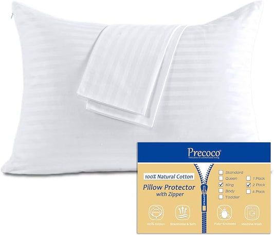 100% Cotton King Pillow Protectors with Zipper, White Pillow Cases King Size Set of 2 for Home & Hotel, Sateen Soft Cooling Hidden Zippered Pillow Case Protector for Hair & Skin, 20x36 in