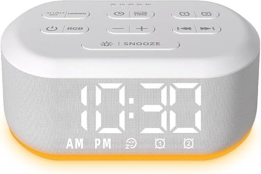 Small Digital Alarm Clock for Bedroom White Noise Sound Machine with 30 Soothing Sound Plug in Desk Bedside Clock with NightLight Battery Backup 15 Wake up Sound Clock for Teen Kid Heavy Sleeper