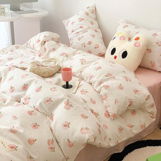 Nayoroom Pink Peach Duvet Cover Twin Size Kawaii Fruit Peaches Rabbit Printed on White Comforter Cover 2Pcs Kids Girls Soft Breathable Microfiber Cute Cartoon Bedding Set with Zipper Closure