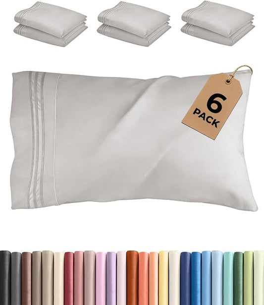 King Pillow Cases Set of 6 - Ultra Soft Hotel Quality Pillowcase Covers - Comfy, Cozy & Wrinkle Free - Shrink, Stain and Fade Resistant - Machine Washable Pillow Protectors - 6 Piece Set - French Grey