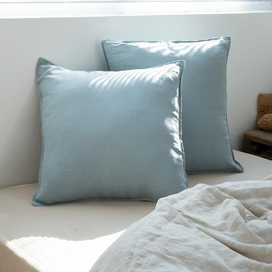 Simple&Opulence 100% Washed Linen Euro Shams 26'' x 26'' Pack of 2, Basic Style Solid Color Natural Flax Farmhouse Decorative Square Throw Pillow Covers for Bed Couch Sofa - Dusty Blue