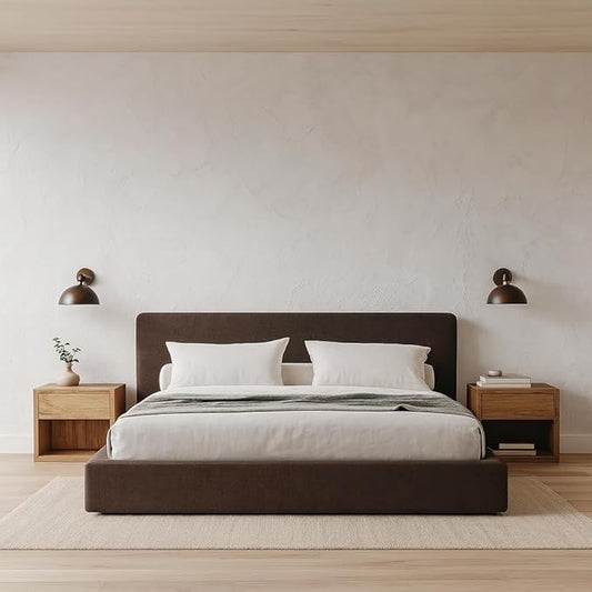 Square Bed – Washable Cover - Soft Upholstered Linen - Minimalist Modern - Sold Separately (Waterproof Brown Linen, Twin Headboard)