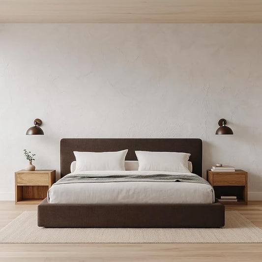 Square Bed – Washable Cover - Soft Upholstered Linen - Minimalist Modern - Sold Separately (Waterproof Brown Linen, Twin Base)