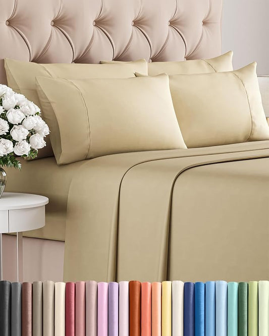 Queen 6 Piece Sheet Set - Comfy, Breathable & Cooling - Hotel Luxury Bedding for Women, Men, Kids, Teens and Children - 1 Flat & 1 Fitted Sheet & 4 Pillowcases w/ Deep Pockets - Wrinkle Free - Beige