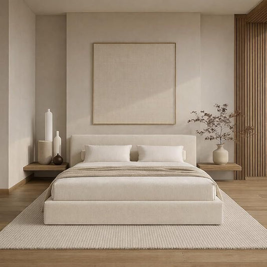Square Bed – Washable Cover - Soft Upholstered Linen - Minimalist Modern - Sold Separately(Cream Linen, King Base)