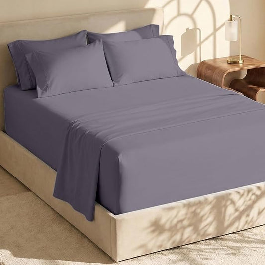 Hearth & Harbor Bed Sheets, Luxury Soft 6 Piece Bed Sheet Set Extra Deep Pocket Fitted Sheets Fits Mattress up to 21", Double Brushed Bedding Sheets & Pillowcases, Split King, Purplish Gray
