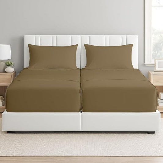 5 Piece Split Cal King Sheet Set, 100% Egyptian Cotton, 16 Inch Deep Pockets, Taupe Solid, Soft Cooling Sheets for Adjustable Beds, Sleep Number Beds, Split Cal King Mattress Sheet Set