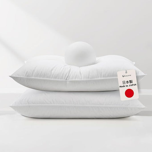 UNIKOME White Goose Down Feather Pillows - 100% Cotton Cover - Standard Size Pillow Set of 2, Made in Japan Pillow for Sleeping