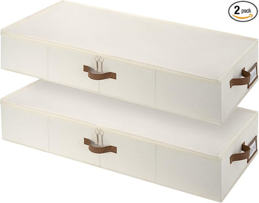StorageWorks Underbed Storage Containers with Lids, 2-Pack 7" XL Under Bed Organizers for Clothes, Bedding and Sweaters, 73L Low Profile Fabric Storage Bins, Foldable Space Saving, Beige