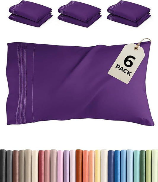 Standard Pillow Cases Set of 6 - Ultra Soft Hotel Quality Pillowcase Covers - Comfy, Cozy & Wrinkle Free - Shrink, Stain and Fade Resistant - Machine Washable Pillow Protectors - 6 Piece Set - Purple
