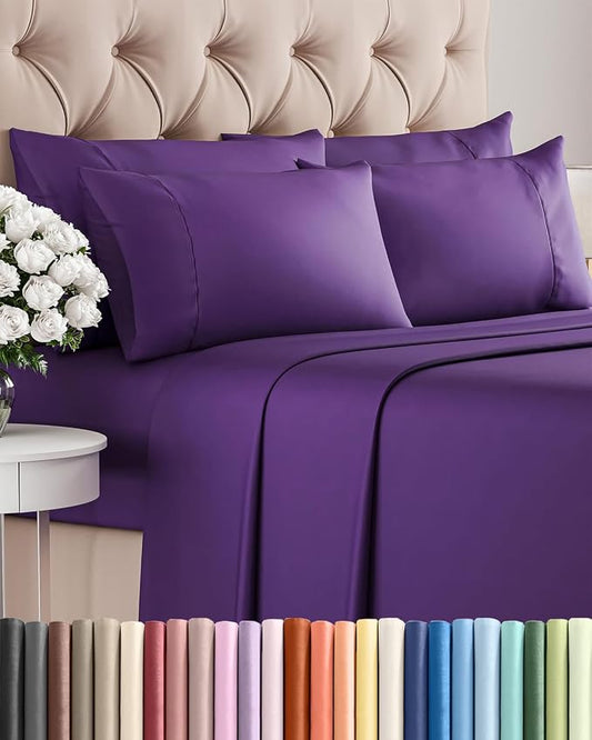 Cal King 6 Piece Sheet Set - Comfy, Breathable & Cooling - Hotel Luxury Bedding for Women, Men, Kids, Teens & Children - 1 Flat & 1 Fitted Sheet & 4 Pillowcases w/ Deep Pockets - Wrinkle Free - Purple