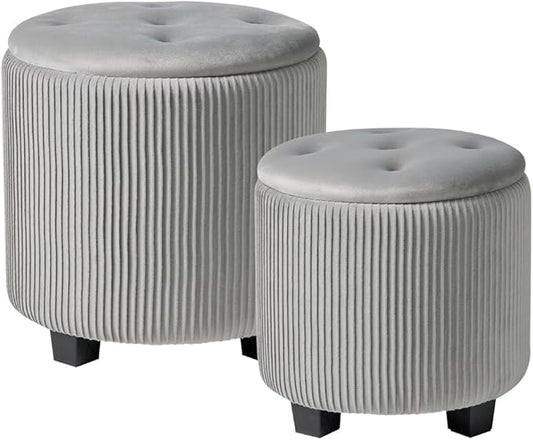 BLEXA Big Round Ottoman with Storage Set of 2,Upholstered Velvet Vanity Stool for MakeupMultifunctional Foot Rest Coffee Table Padded Seat Tufted Ottomans for LivingRoom&Bedroom (Large Grey)