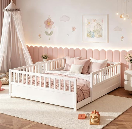 Bellemave Queen Floor Bed with high Fence, Solid Pine Wood Montessori Bed for Kids Girls Boys Floor Bed Frame, White with slats