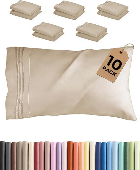 King Pillow Cases Set of 10 - Ultra Soft Hotel Quality Pillowcase Covers - Comfy & Wrinkle Free - Shrink, Stain and Fade Resistant - Easy-Care, Machine Washable Pillow Protectors - 10 Pcs Set - Wheat