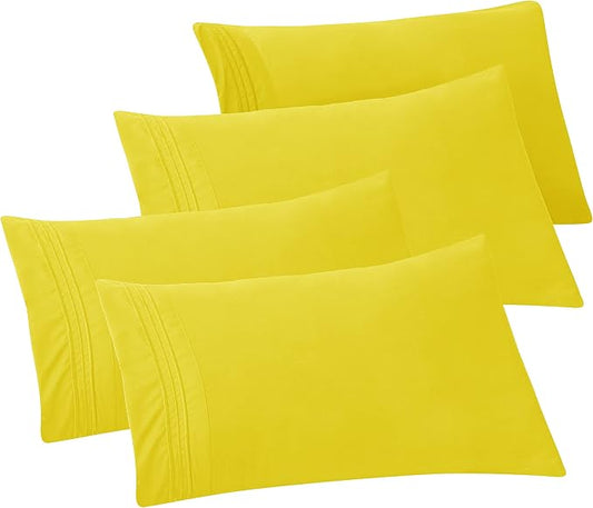 Elegant Comfort 4-PACK Solid Pillowcases 1500 Premium Hotel Quality Microfiber - Smooth Weave, Wrinkle and Stain Resistant, Easy Slip-On, 4-Piece Set, Standard/Queen Pillowcase, Yellow
