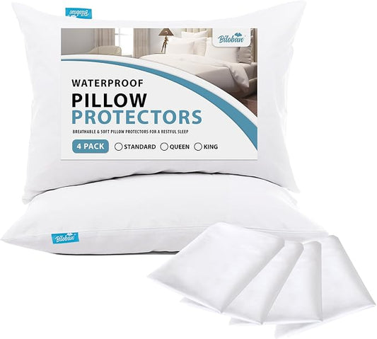 Biloban 4 Pack Pillow Protectors with Zipper Breathable & Noiseless & Durable 100% Waterproof Pillow Cases Standard Size White Pillow Protector