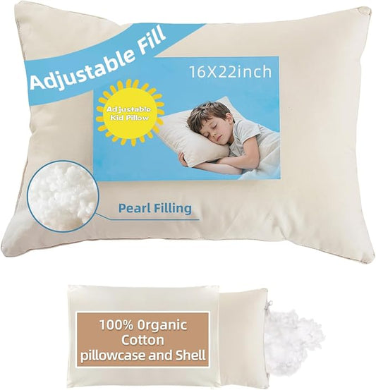 16x22 Kid Pillow with 100% Organic Cotton Pillowcase and Shell - Adjustable Youth Pillow Meets the Growth Need of Kids at Age 4-10, Soft Non Toxic Pearl Filling, Machine Washable, Travel&School