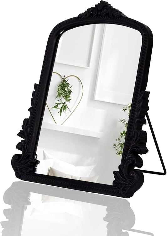 HSDDHOME Black Vintage Arched Vanity Mirror, Baroque Tabletop Makeup Mirror, Decorative Antique Mirror for Dresser, Bedroom, Living Room, 11.8" x 9.6"
